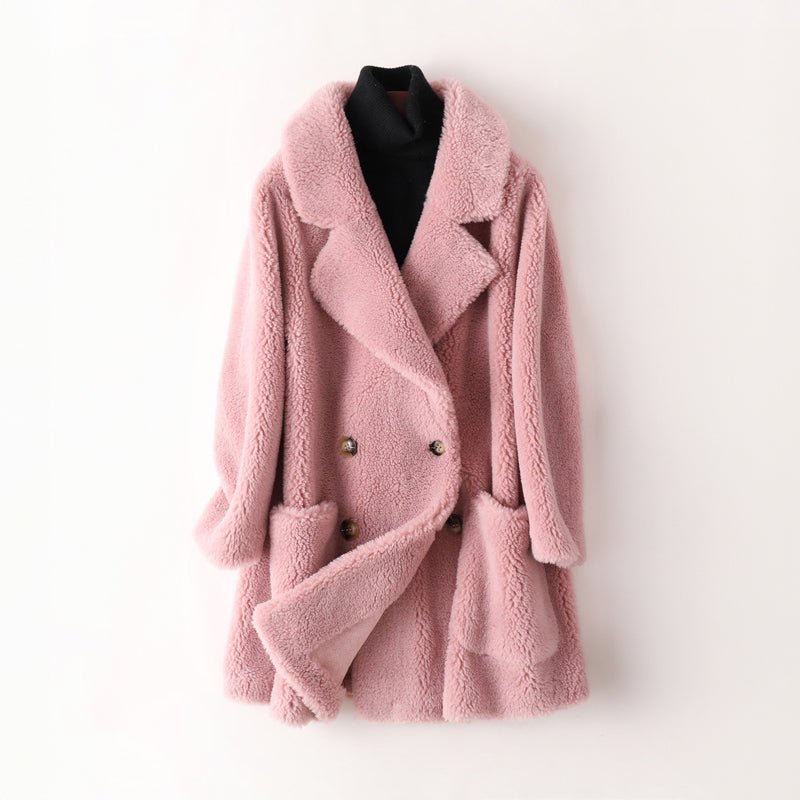 Women's Oversized Shearling Coat | Double-Breasted Lapel Side