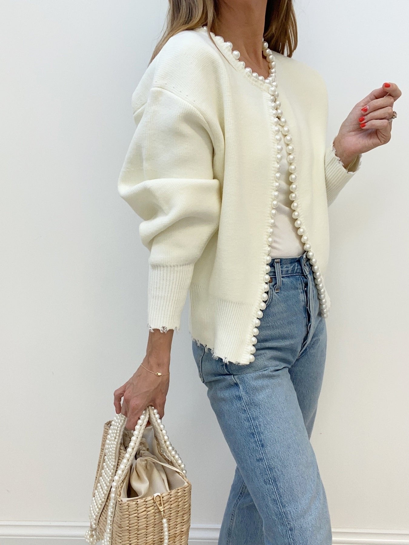 Women's Pearl Trim Cardigan Sweater | Ripped Hem Knit Side