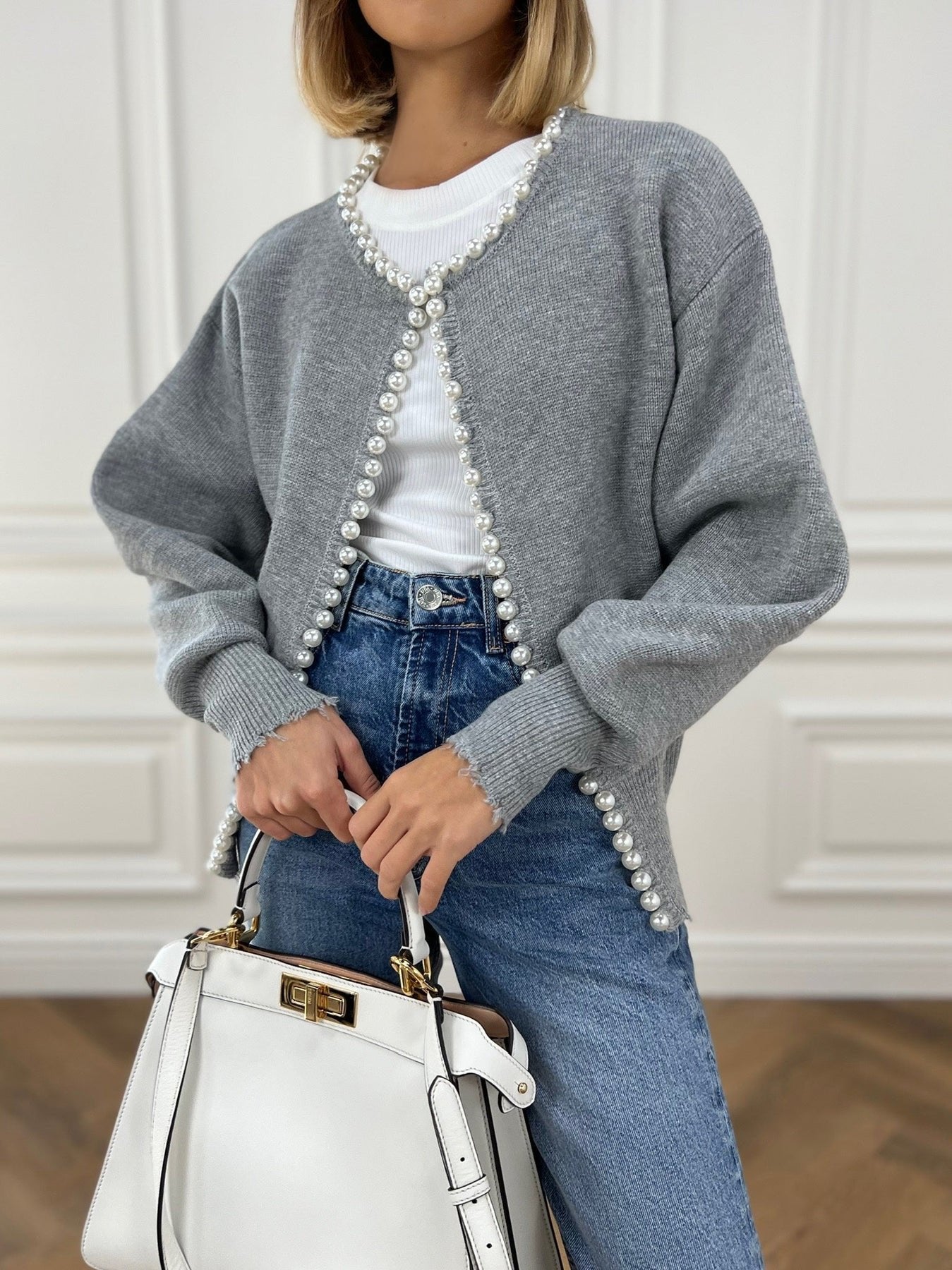 Women's Pearl Trim Cardigan Sweater | Ripped Hem Knit View 14