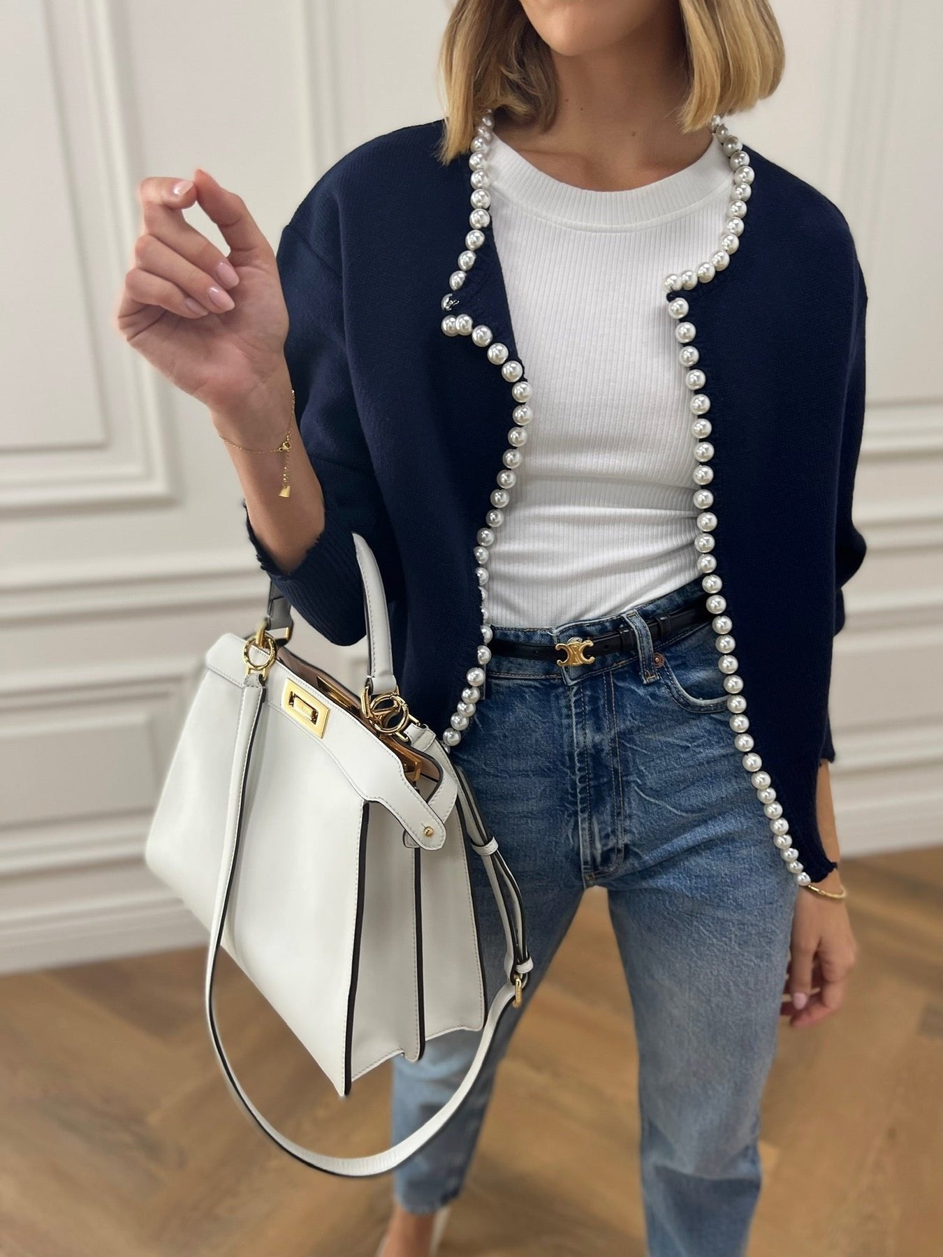 Women's Pearl Trim Cardigan Sweater | Ripped Hem Knit View 18