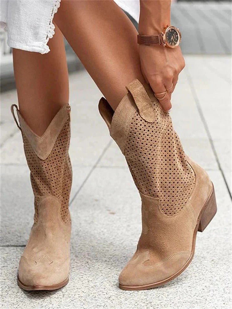 Women's Perforated Cowboy Boots | Mid-Calf Detail
