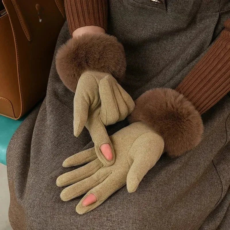 Women's Plush Cuff Winter Gloves | Suede Faux Fur Alternate