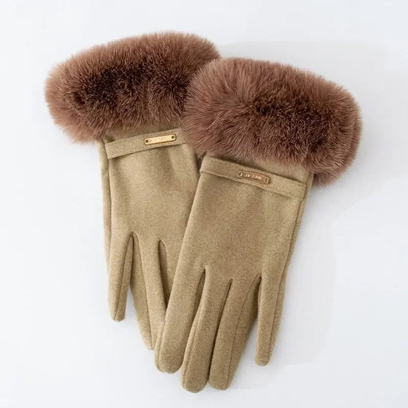 Women's Plush Cuff Winter Gloves | Suede Faux Fur Full