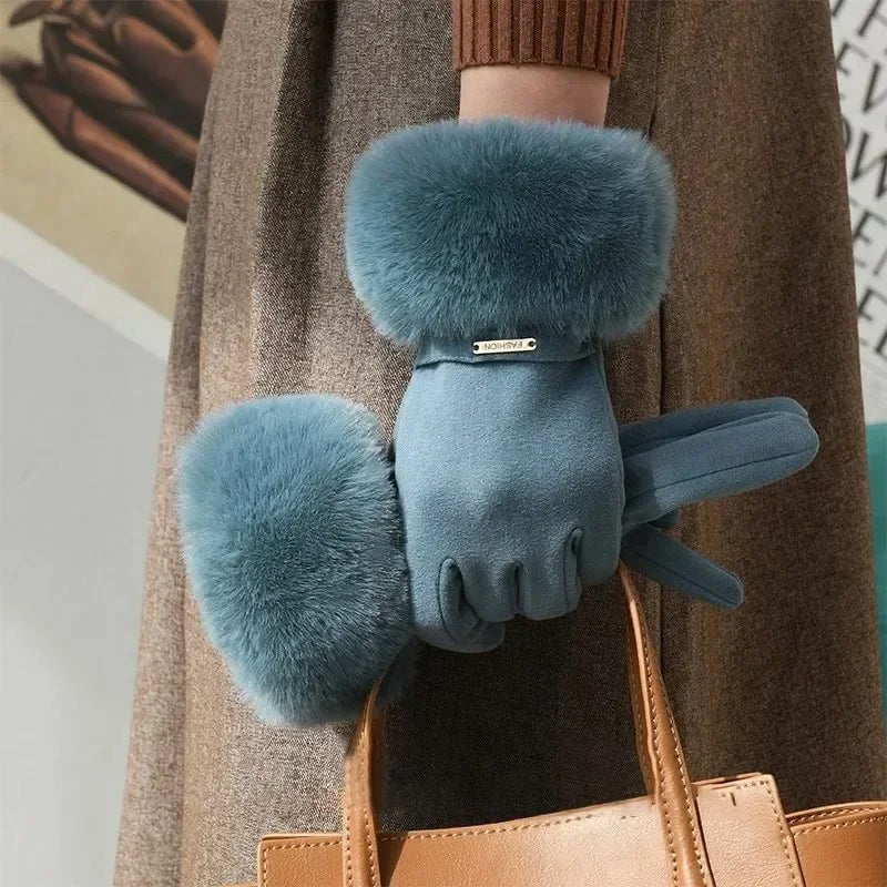 Women's Plush Cuff Winter Gloves | Suede Faux Fur Side