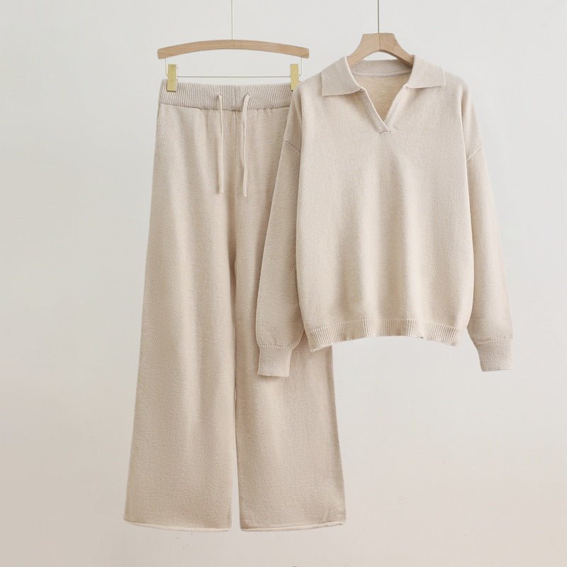 Women's Polo Collar Elegant Set | Wide-Leg Sweater Front