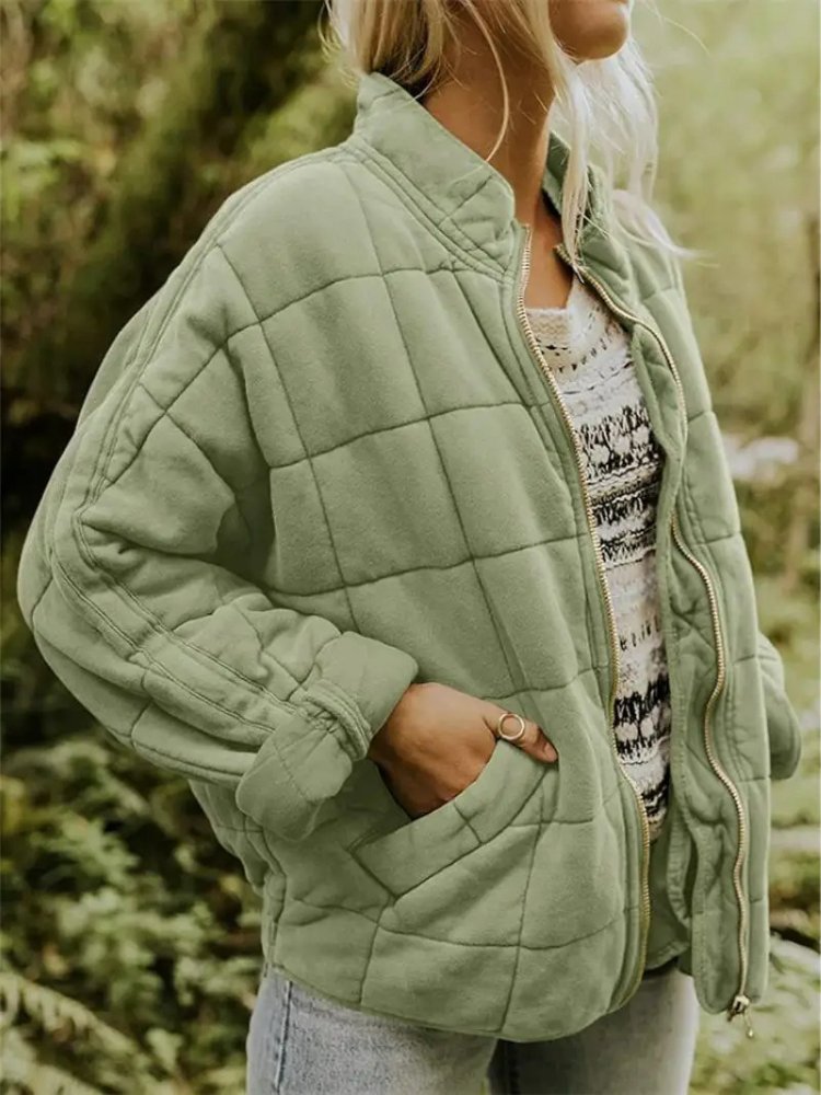 Women's Quilted Oversized Bomber Jacket | Casual Relaxed Fit Close Up