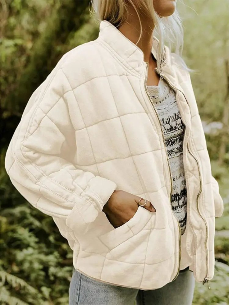 Women's Quilted Oversized Bomber Jacket | Casual Relaxed Fit View 12