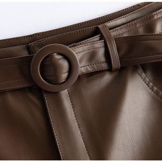 Women's Sheepskin Leather Pants | O-Ring Belt Straight Leg Angle