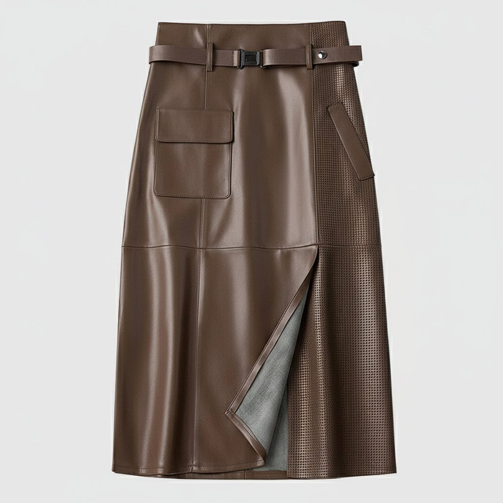 Women's Sheepskin Leather Skirt | Perforated Panel Asymmetric Detail