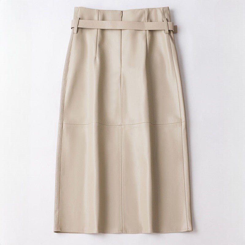 Women's Sheepskin Leather Skirt | Perforated Panel Asymmetric Front