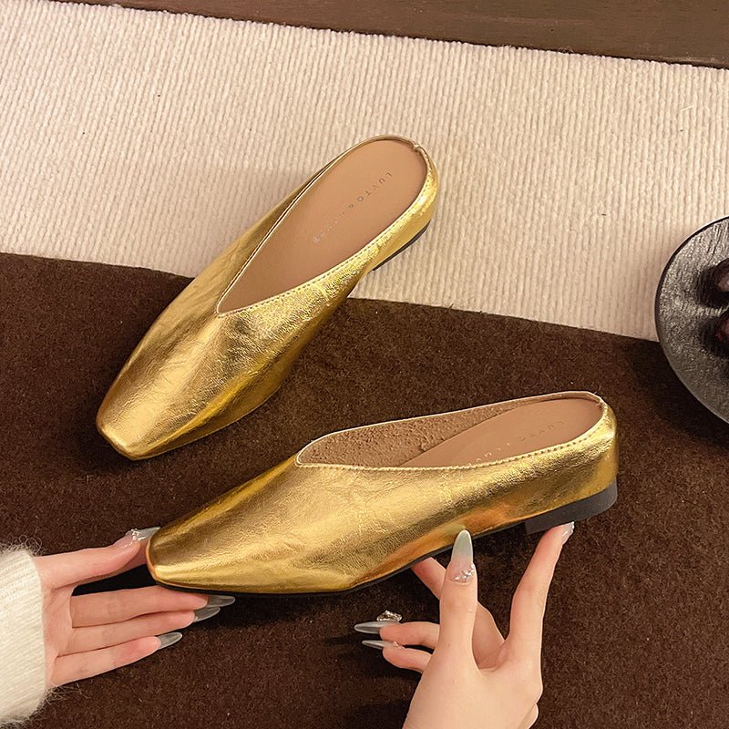 Women's Square Toe Leather Flats | Slip-On Close Up