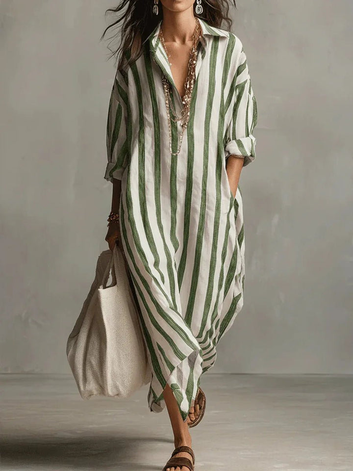 Women's Striped Linen Long Shirt Dress | Loose Fit Back