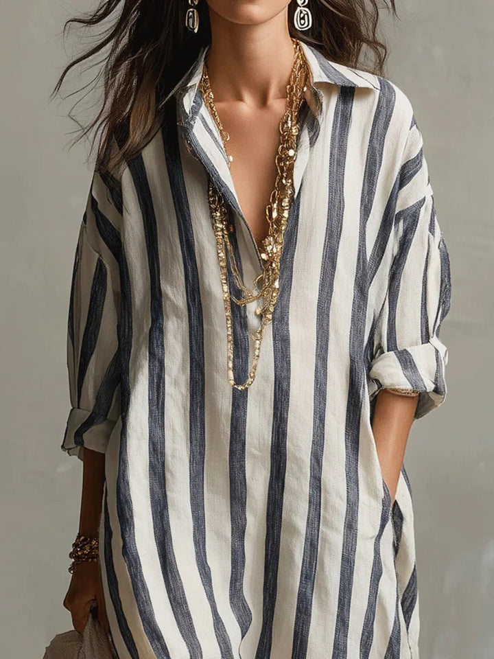 Women's Striped Linen Long Shirt Dress | Loose Fit Detail