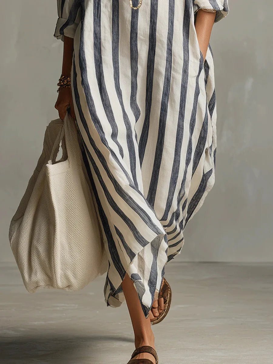 Women's Striped Linen Long Shirt Dress | Loose Fit Side