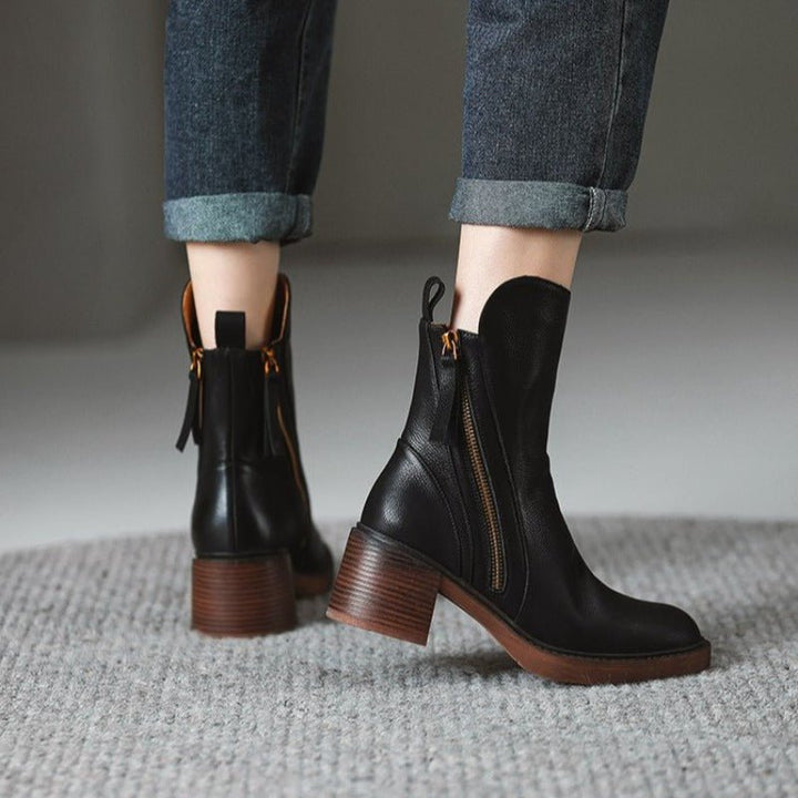 Women's Tassel Zip Leather Ankle Boots | High Heel Angle