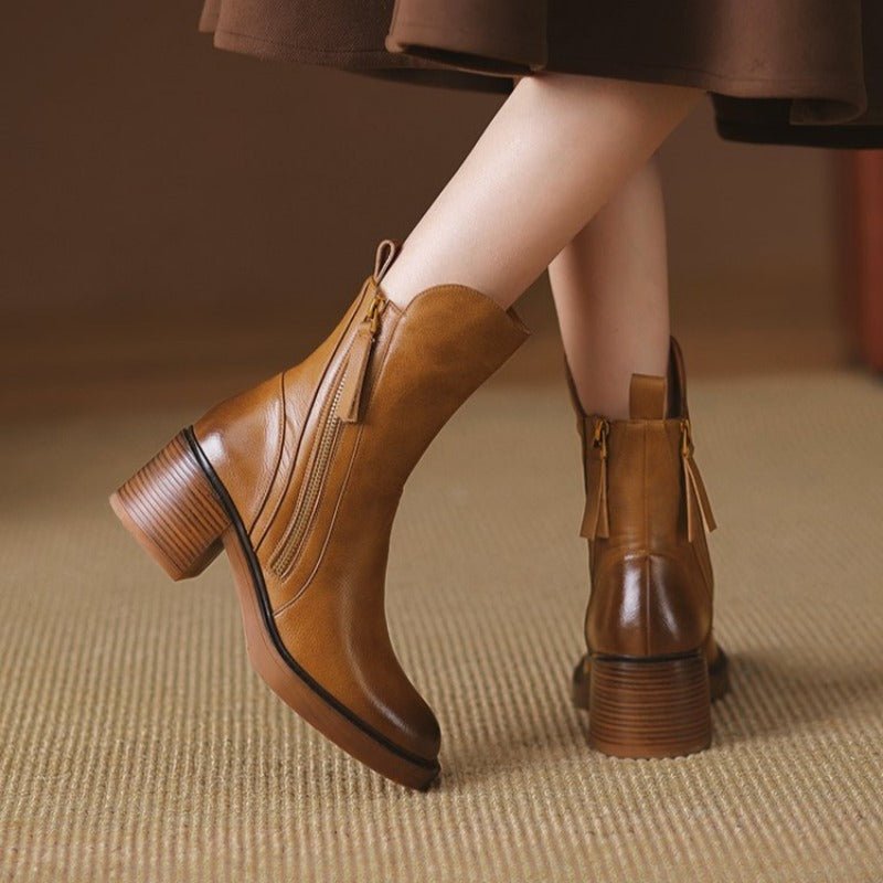 Women's Tassel Zip Leather Ankle Boots | High Heel Side