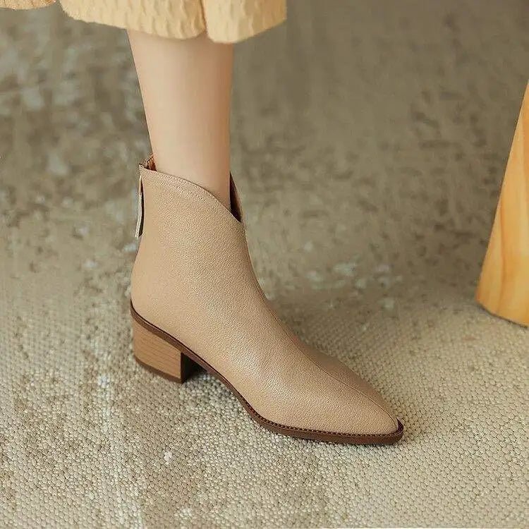 Women's V-Cut Leather Boots | Pointed Toe Ankle Angle