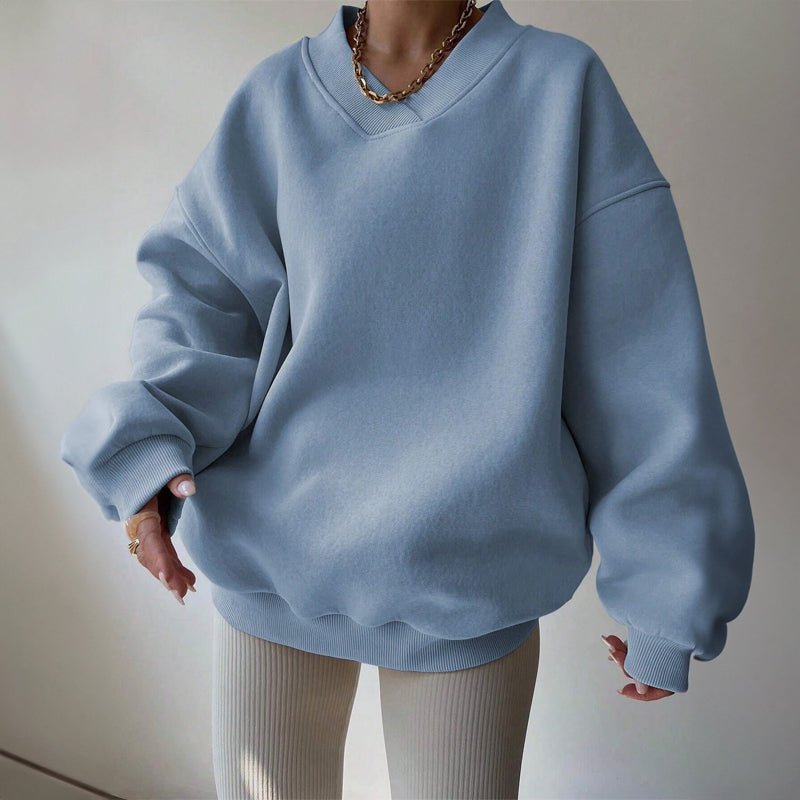 Women's V-Neck Oversized Pullover | Cotton Blend Ribbed Cuff Side