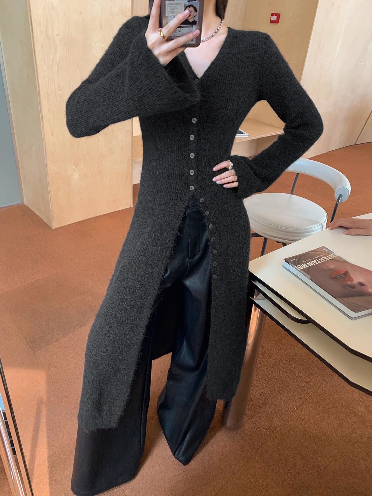 Women's V-Neck Sweater Dress | Button Front Angle