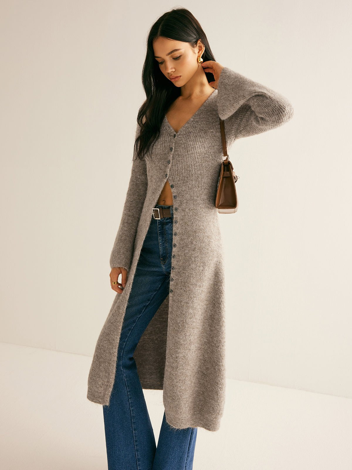 Women's V-Neck Sweater Dress | Button Front Close Up