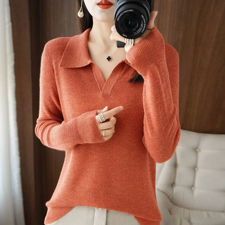 Women's V-Neck Wool Knit Pullover | Long Sleeve Sweater Back