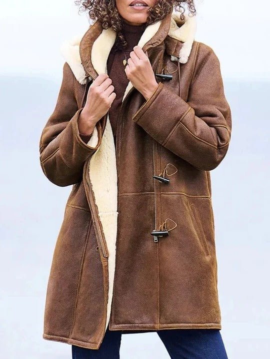 Women's Warm Lightweight Long Down Jacket | Sherpa Hood Winter Front