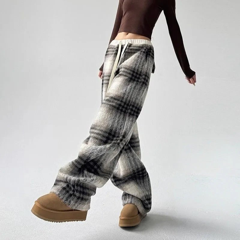 Women's Wide Leg Plaid Pants | Cotton Drawstring Relaxed Fit Front