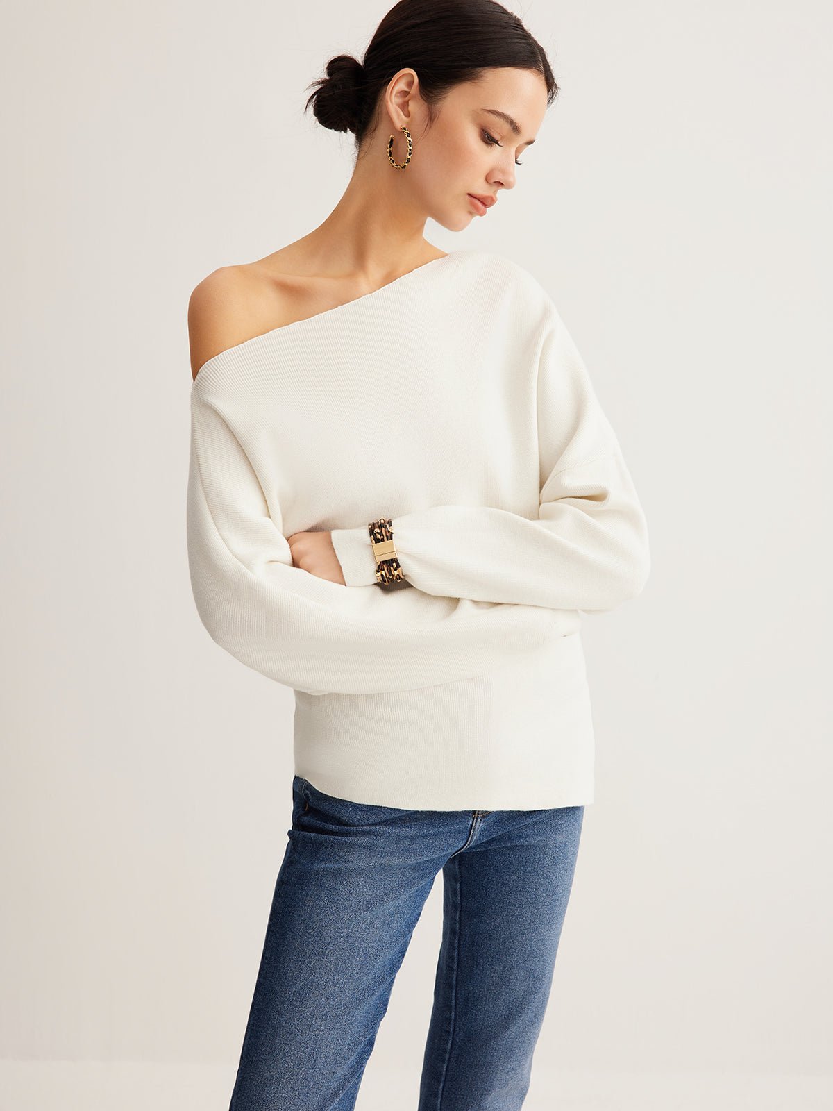 Women's Wool Asymmetrical Neck Knit Top | Cold Shoulder Angle