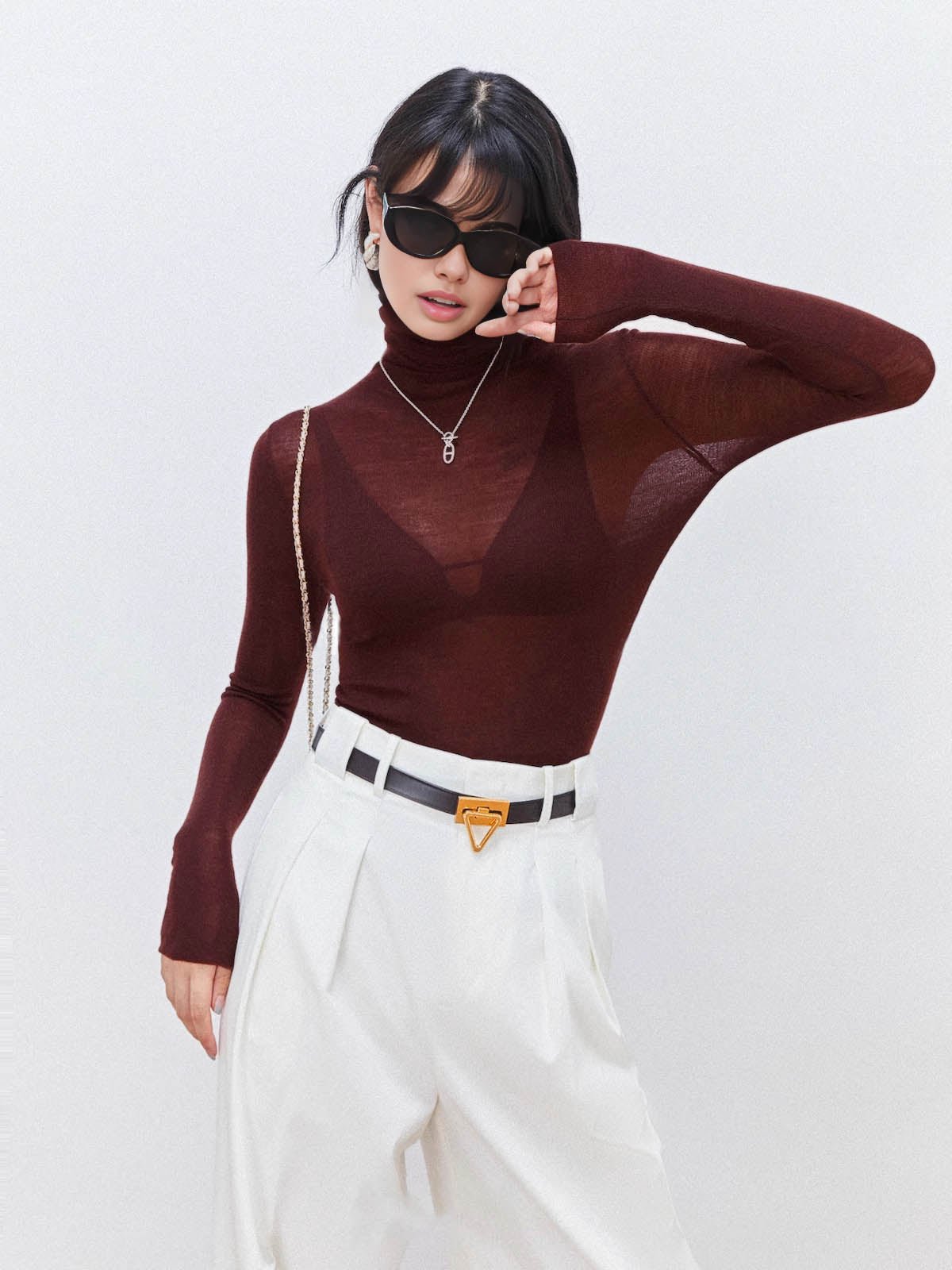 Women's Wool-Blend Turtleneck Sheer Sweater Angle