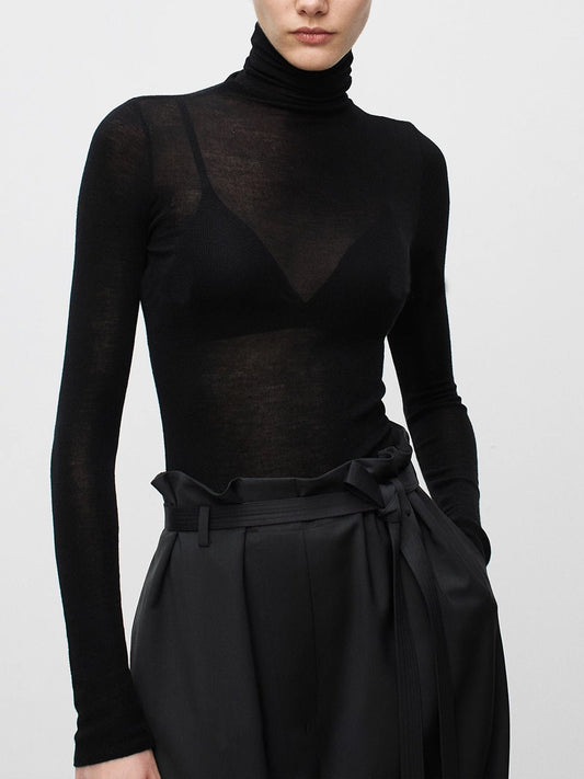 Women's Wool-Blend Turtleneck Sheer Sweater Close Up