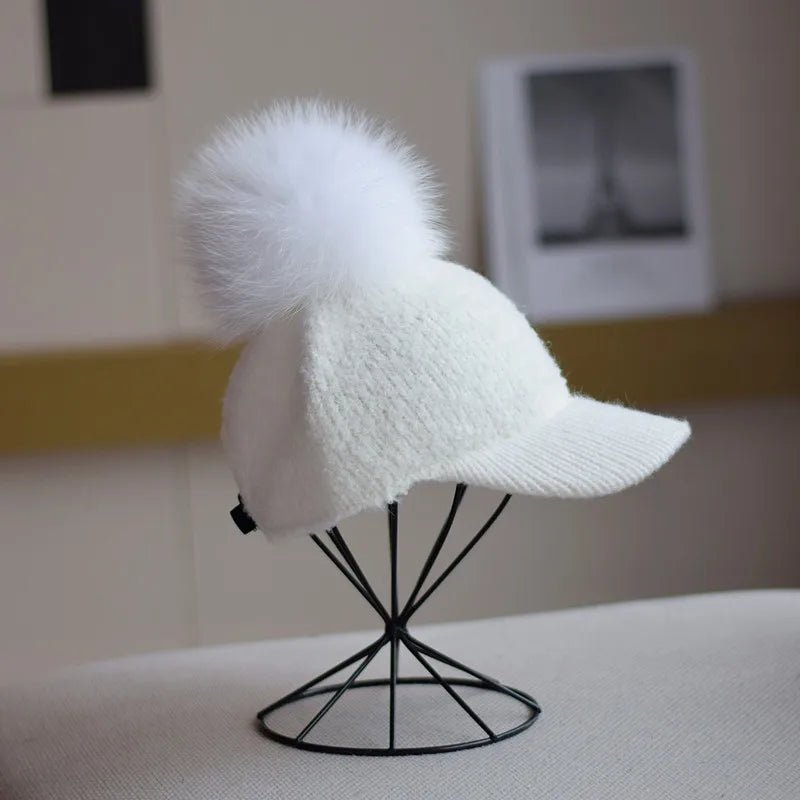 Women's Wool Pom Cap | Faux Fur Alpine Beanie Angle
