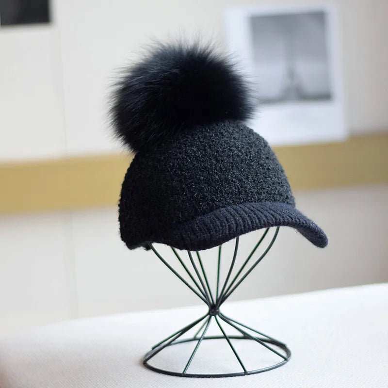 Women's Wool Pom Cap | Faux Fur Alpine Beanie Back