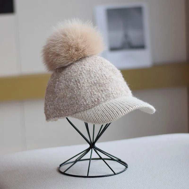 Women's Wool Pom Cap | Faux Fur Alpine Beanie Close Up