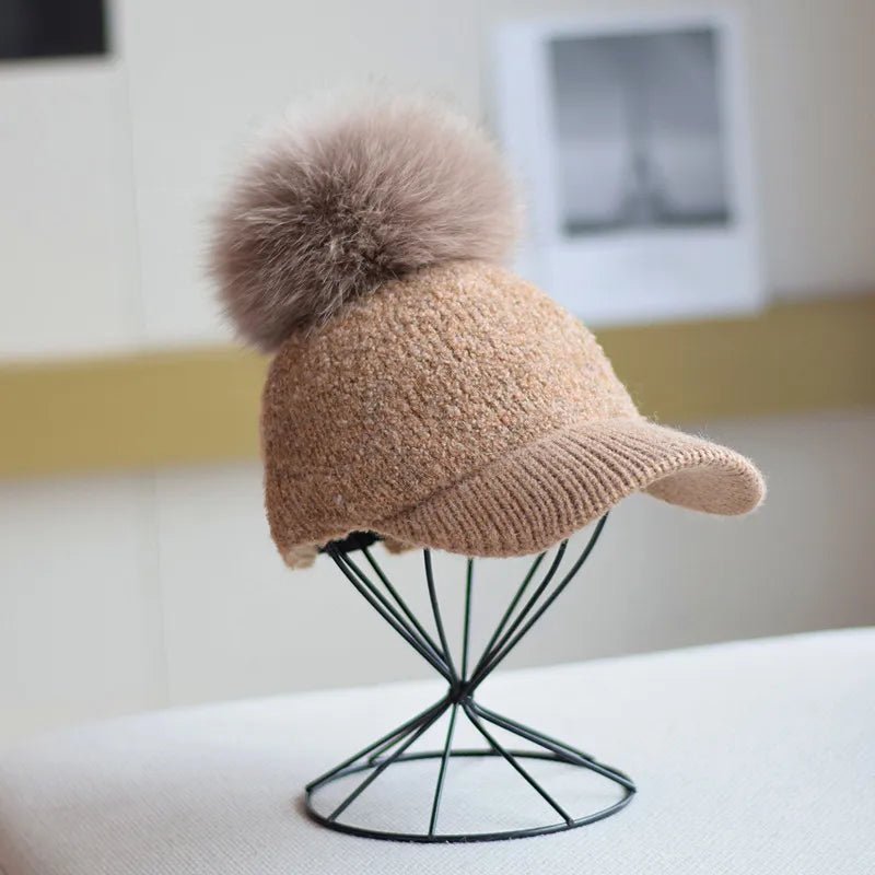 Women's Wool Pom Cap | Faux Fur Alpine Beanie Side