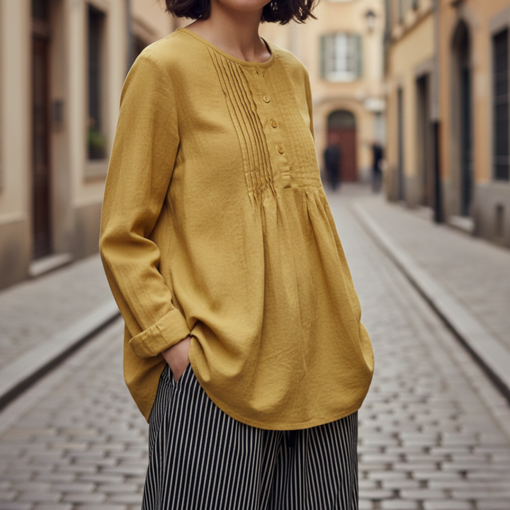 Tunic Blouse Pleated Pintuck Long Sleeve Relaxed Fit Womens
